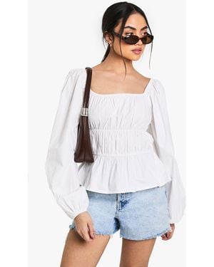 Boohoo Ruched Cotton Poplin Blouse - White