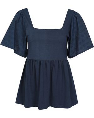 Mountain Warehouse 'Verona' Broderie Sleeve Top With Ruched Back Summer Casual Blouse Cotton - Blue