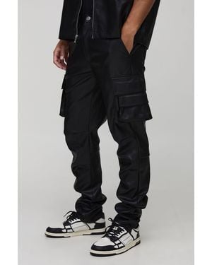 BoohooMAN Tall Leather Look Skinny Multi Cargo Pocket Trousers - Black