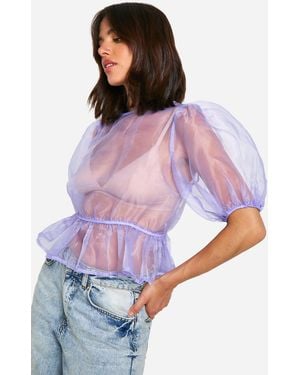 Boohoo Organza Tie Back Puff Sleeve Top - Purple