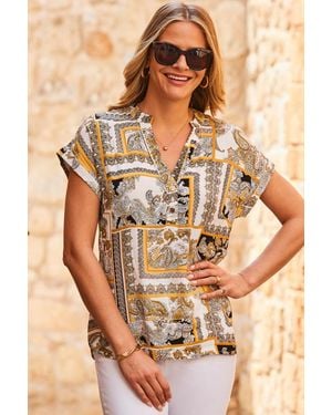 Sosandar Scarf Print Longline Tunic Top - Brown