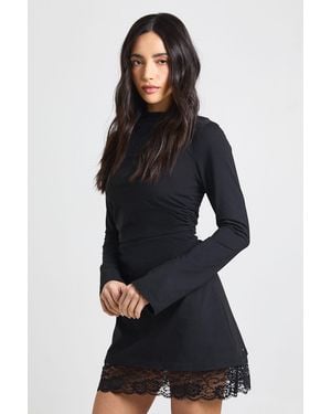 Boohoo Boat Neck Ruched Side Lace Hem Dress - Blue