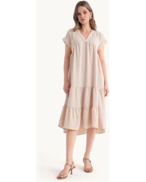 Hiccup V Neck Tiered Midi Casual Dress - Natural