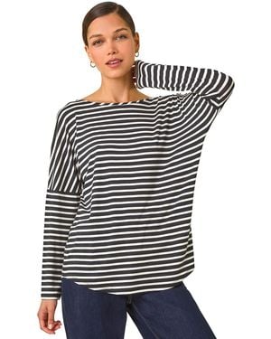 Roman Relaxed Stripe Print Long Sleeve Stretch Top - Black
