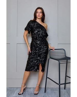 Chi Chi London Plus Size One Shoulder Ruched Sequin Midi Dress - Grey