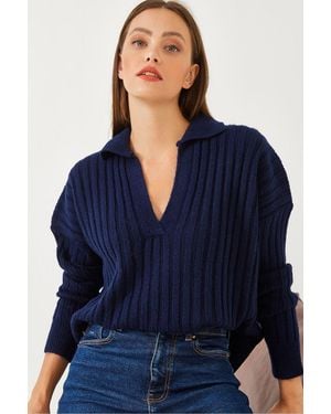 Bianco Lucci Relaxed Fit V-Neck Jumper - Blue