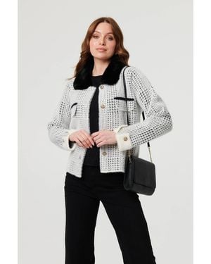 Izabel London Checked Faux Fur Long Sleeve Jacket - Grey