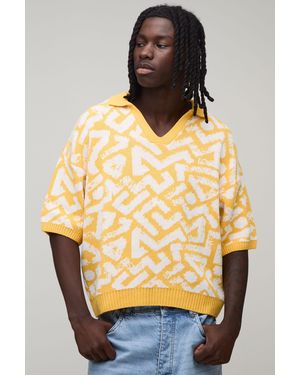 BoohooMAN Oversized Boxy Abstract Jacquard Knitted Polo - Yellow