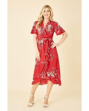 Mela London Floral Dip Hem Wrap Midi Dress - Red