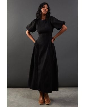 Warehouse Seersucker Organza Godet Side Puff Sleeve Midi Dress - Black