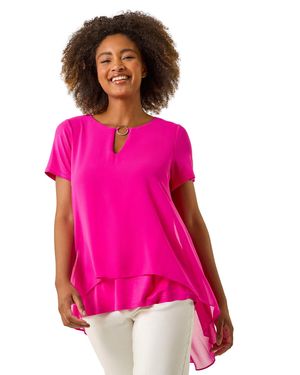 Roman Ring Front Chiffon Overlay Top - Pink