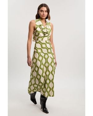 Karen Millen Geo Print Cowl Neck Sleeveless Crepe Woven Maxi Dress - White