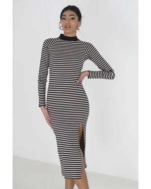 Brave Soul Cotton Blend 'Sloane' Midi Rib Knit Stripe Dress With Split - White