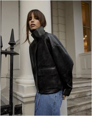 River Island Bomber Jacket Funnel Neck Faux Leather Pu - Black