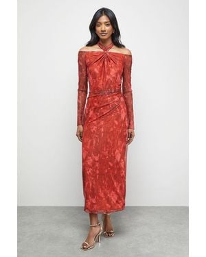 Warehouse Print Twist Mesh Midi Dress - Red