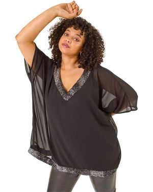 Roman Curve Sequin Trim V-Neck Kaftan - Black