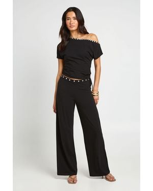 Boohoo Pearlised Button Waist Detail Straight Leg Trouser - Blue