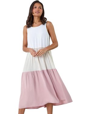 Roman Colour Block Tiered Linen Blend Midi Dress - Pink
