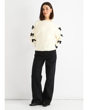 Gini London Slash Neck Crop Bow Knit Jumper - White