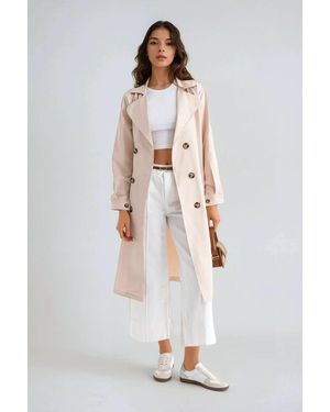 Hiccup Double-Breasted Belted Long Trench Coat - White