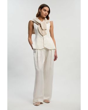 Karen Millen Viscose Linen Pleat And Pocket Detail Woven Straight Leg Trouser - White