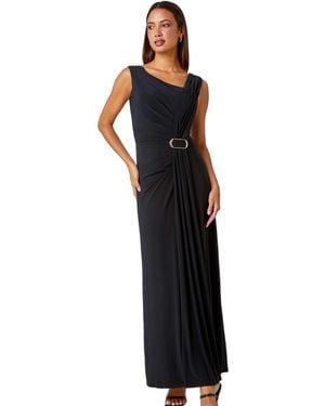 Roman Draped Buckle Detail Maxi Dress - Black