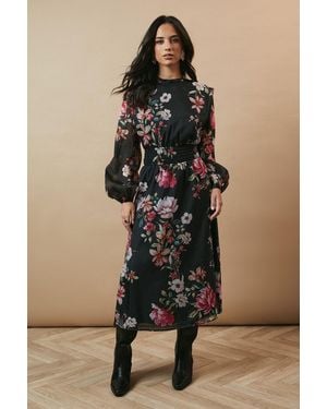 Oasis Floral Organza Shirred Waist Tie Back Midi Dress - Natural