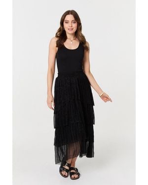 Izabel London Metallic Textured Tiered Midi Skirt - Black