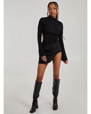 Pink Vanilla Slinky Cut Out Flare Sleeve Bodysuit - Black