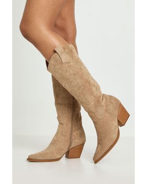 Boohoo Faux Suede Embroidered Knee High Western Boots - Natural