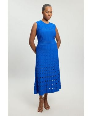 Karen Millen Plus Size Knit Stitch Detail Sleeveless Midi Dress - Blue