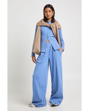 Boohoo Rib Deep Waistband Wide Leg Trouser - Blue