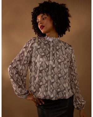 Blue Vanilla Rhinestone Studded Snake Print Blouse - Brown