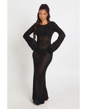 Boohoo Backless Long Sleeve Crochet Beach Dress - Black