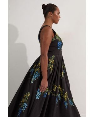Karen Millen Plus Size Floral Embroidered Cotton Linen Woven Prom Dress - Black