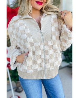 Azura Exchange Chequered Faux Fur Corduroy Jacket - Grey