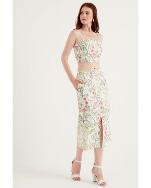 Bianco Lucci Witte Bloemen Voorkant Split Maxi Rok - Naturel