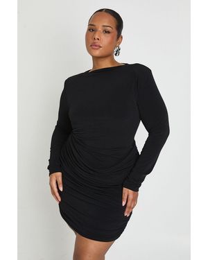 Boohoo Plus Slinky Shoulder Pad Drape Ruched Dress - Black
