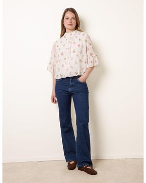 Blue Vanilla High Neck Frill Sleeve Dobby Floral Print Puffball Blouse - Blue