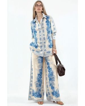 Msn-Collection Floral Shirt And Wide-Leg Trousers Set - Blue