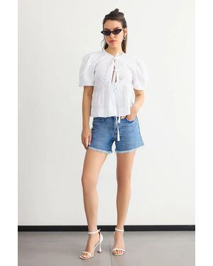 Hiccup Tie-Up Neck Blouse With Puff Sleeves - Blue