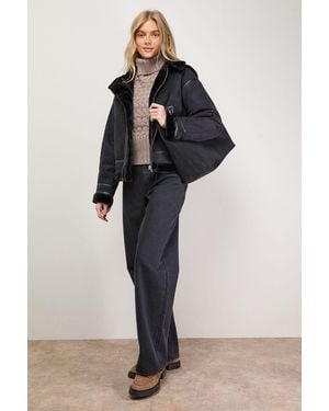 Oasis Zip Through Faux Leather Short Aviator Jacket - Blue