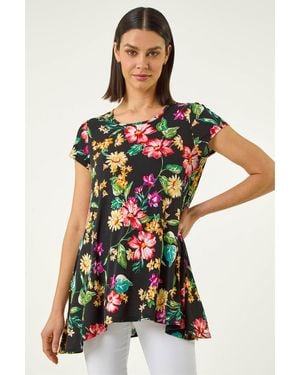 Roman Floral Hanky Hem Top - Black