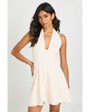 Boohoo Linen Look Ruched Bust Halterneck Mini Dress - Natural