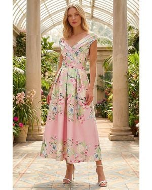 Roman Floral Print Bardot Midi Stretch Dress - Pink