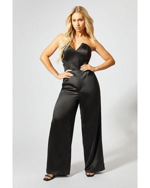 MissPap Satin Sweetheart Neck Wide Leg Jumpsuit - Black