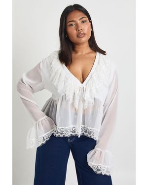 Boohoo Plus Lace Trim Chiffon Ruffle Blouse - White