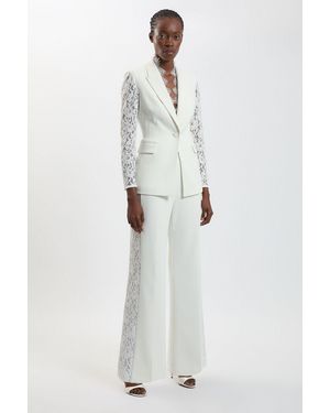 Karen Millen Compact Stretch Lace Mix Tailored Wide Leg Trouser - White