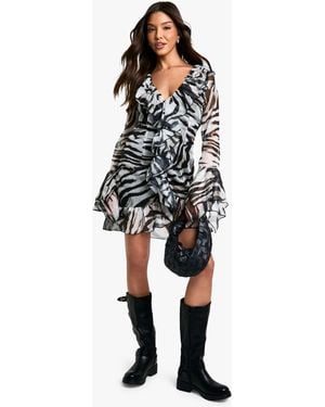 Boohoo Extreme Ruffle Chiffon Zebra Shift Dress - Black