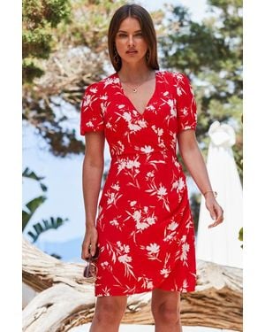 Sosandar Floral Print Button Detail Faux Wrap Dress - Red